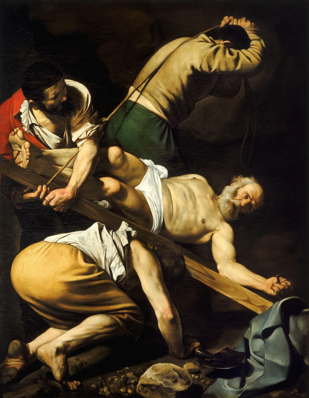 Lukisan Penyaliban Santo Petrus karya Caravaggio (sekitar 1600): Petrus diangkat untuk disalibkan dengan kepala di bawah